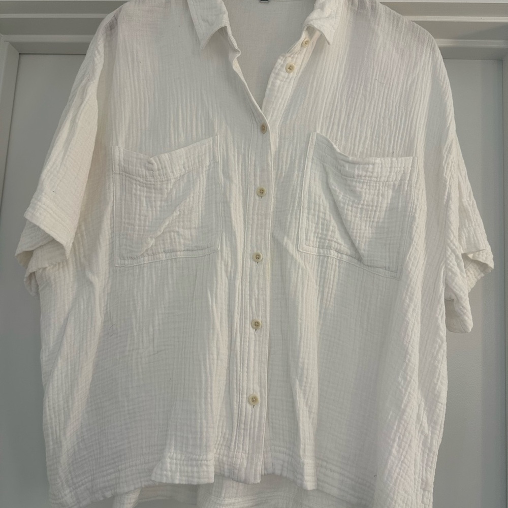 Madewell Women’s White Button-Up Short Sleeved Blouse, Size XL